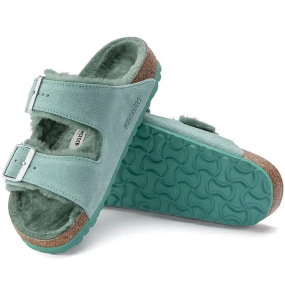 NWT BIRKENSTOCK ARIZONA  TEAL SUEDE SHEARLING SANDALS  ll  SZ- 265 / 41 - Picture 4 of 11